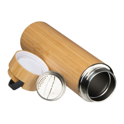 Sticlă termos de băut, oţel și bambus, 500 ml